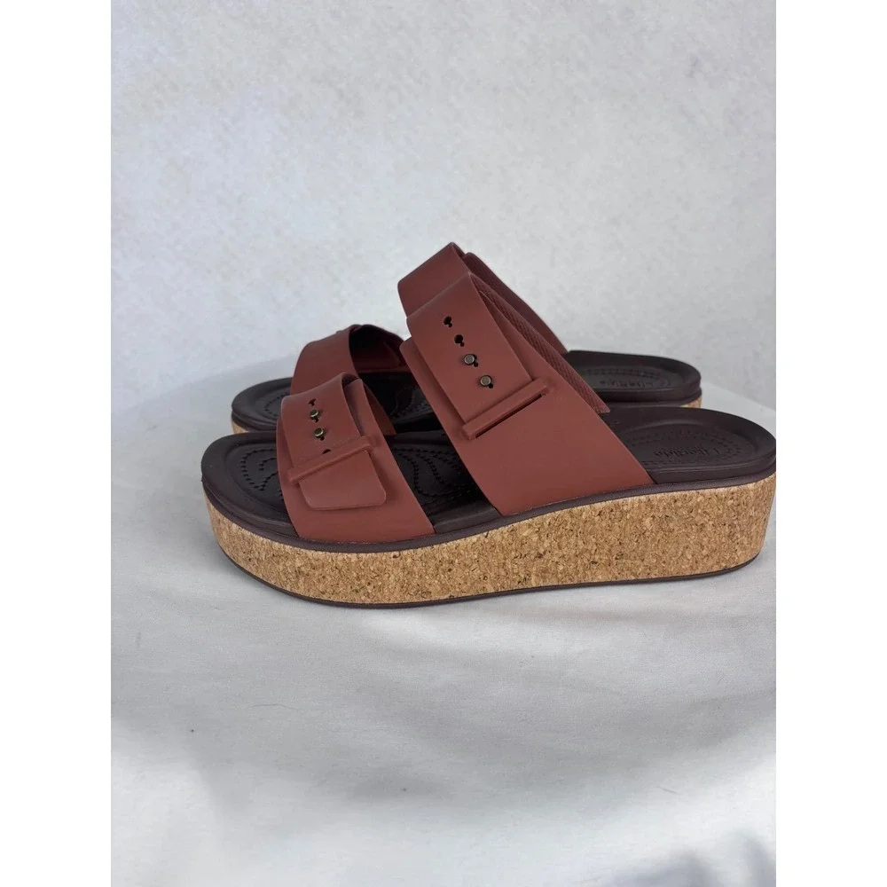 Crocs Literide Buckle Slide Sandals Wedge Platform Cork Brown Women's 9 Comfort